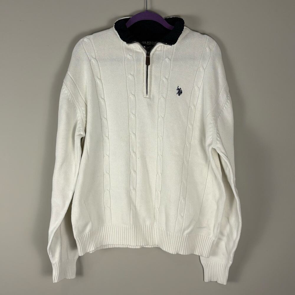 U.S. Polo Assn. White Cable Knit Quarter Zip Long Sleeve Preppy Men's Size 2XL
